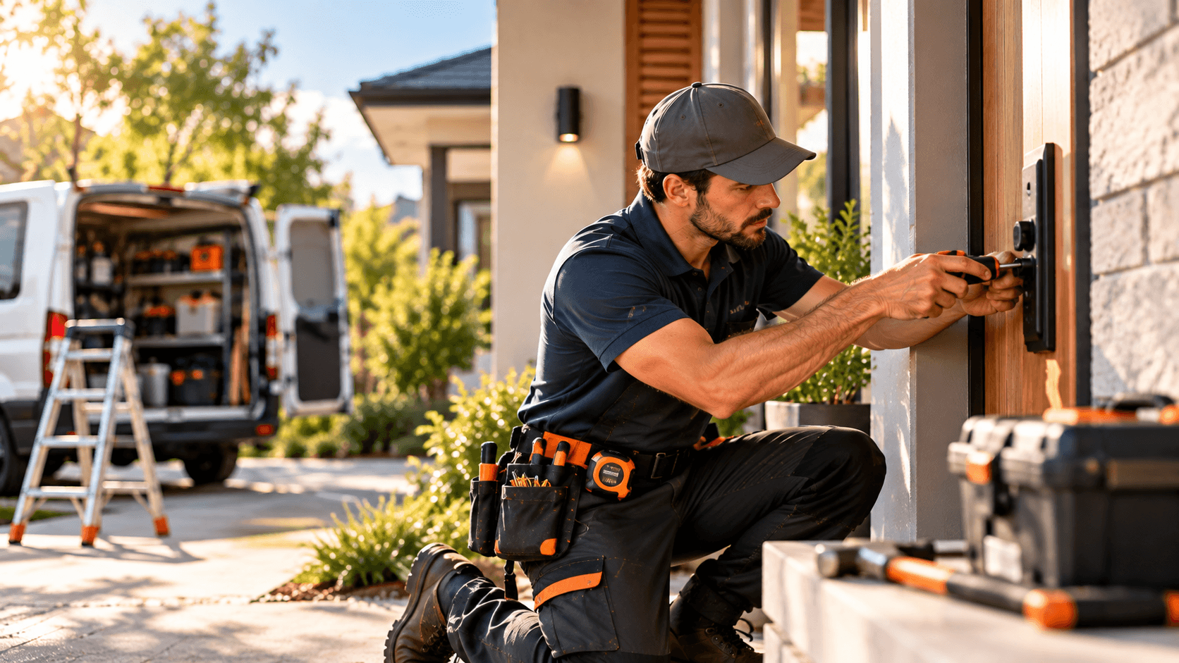 Handyman specialist installing door security hardware with tools at golden hour