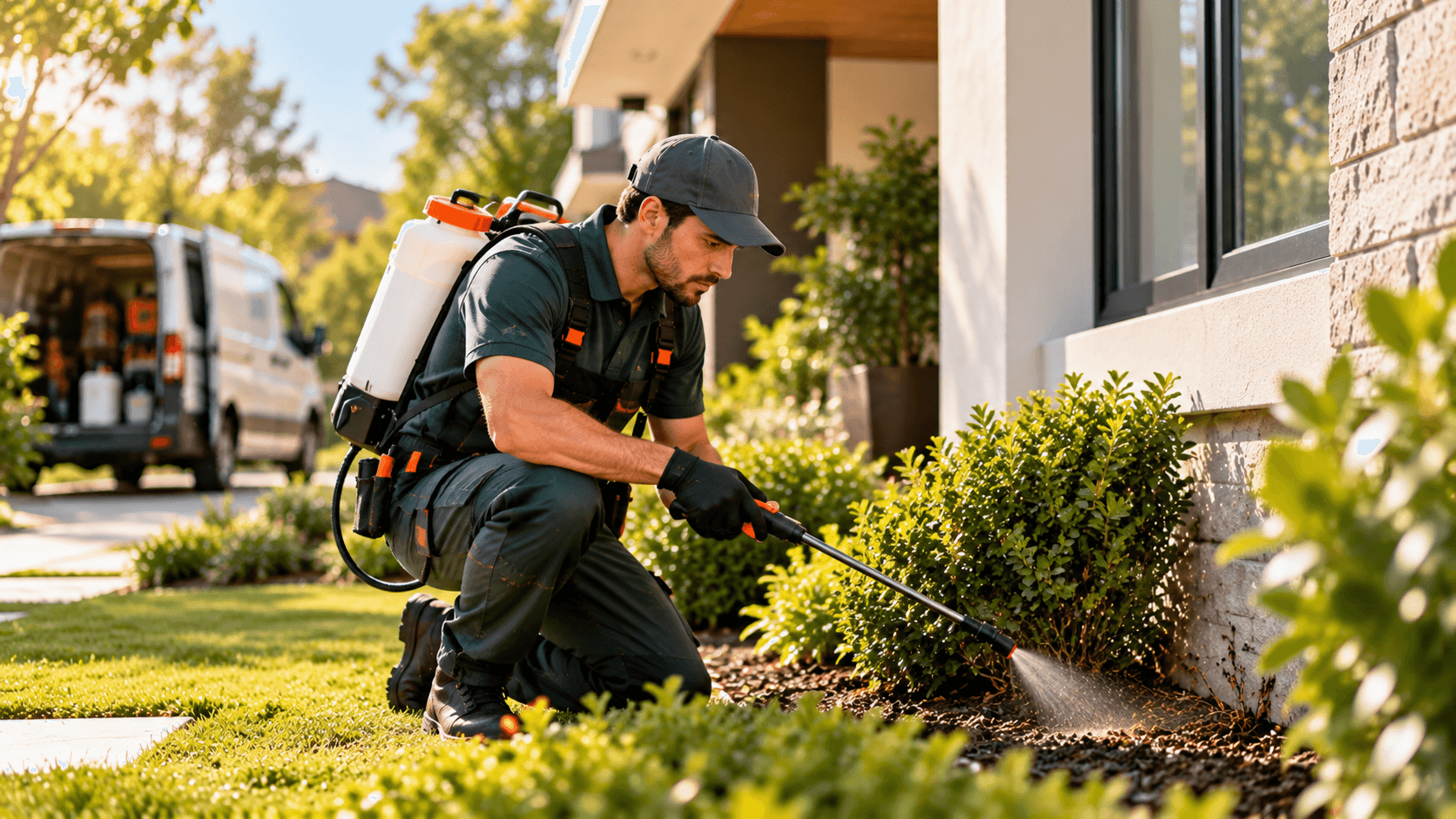 Pest control specialist with backpack sprayer and wand conducting residential perimeter treatment