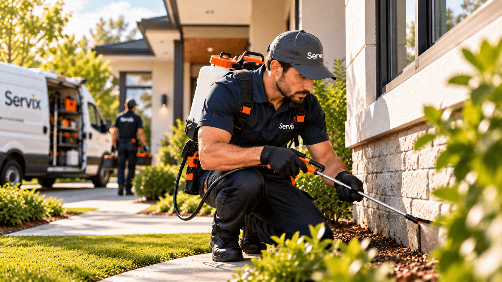 Pro TeamX pest management technician precision-spraying home foundation with service van in background